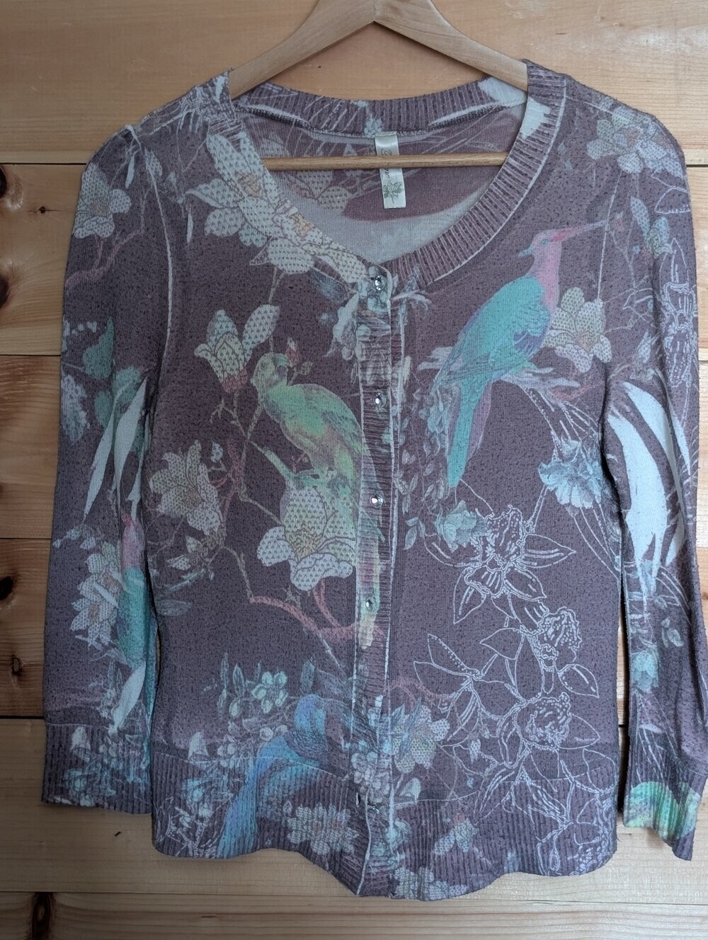 Theme  Floral Bird Print Mauve Cardigan*Crystal Buttons * Medium*Great Condition